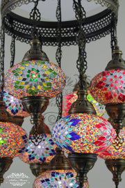 9-BALL TURKISH SULTAN MOSAIC CHANDELIER WITH NO3 (LARGE) GLOBES - TurkishLights.NET