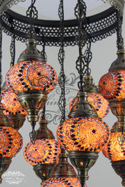 9-BALL TURKISH SULTAN MOSAIC CHANDELIER WITH NO2 (MEDIUM) GLOBES - TurkishLights.NET