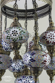 9-BALL TURKISH SULTAN MOSAIC CHANDELIER WITH NO3 (LARGE) GLOBES - TurkishLights.NET