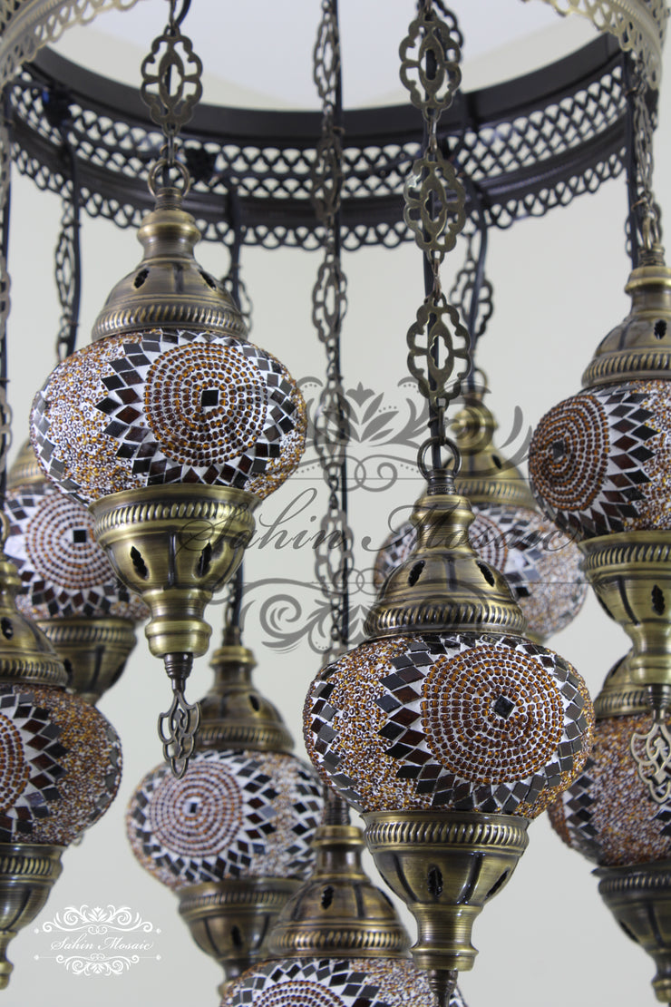 9-BALL TURKISH SULTAN MOSAIC CHANDELIER WITH NO2 (MEDIUM) GLOBES - TurkishLights.NET