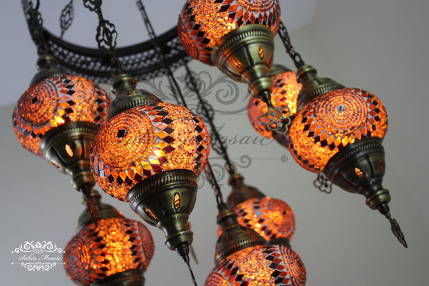 9-BALL TURKISH SULTAN MOSAIC CHANDELIER WITH NO2 (MEDIUM) GLOBES - TurkishLights.NET