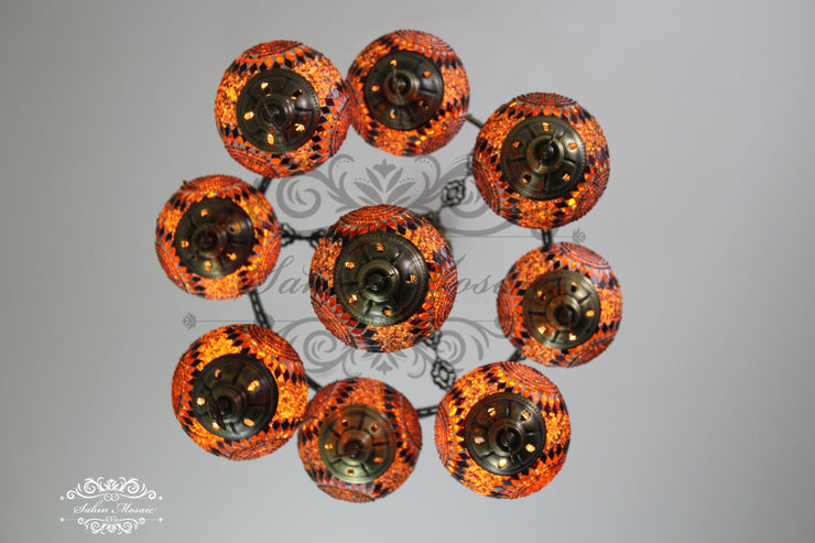 9-BALL TURKISH SULTAN MOSAIC CHANDELIER WITH NO2 (MEDIUM) GLOBES - TurkishLights.NET