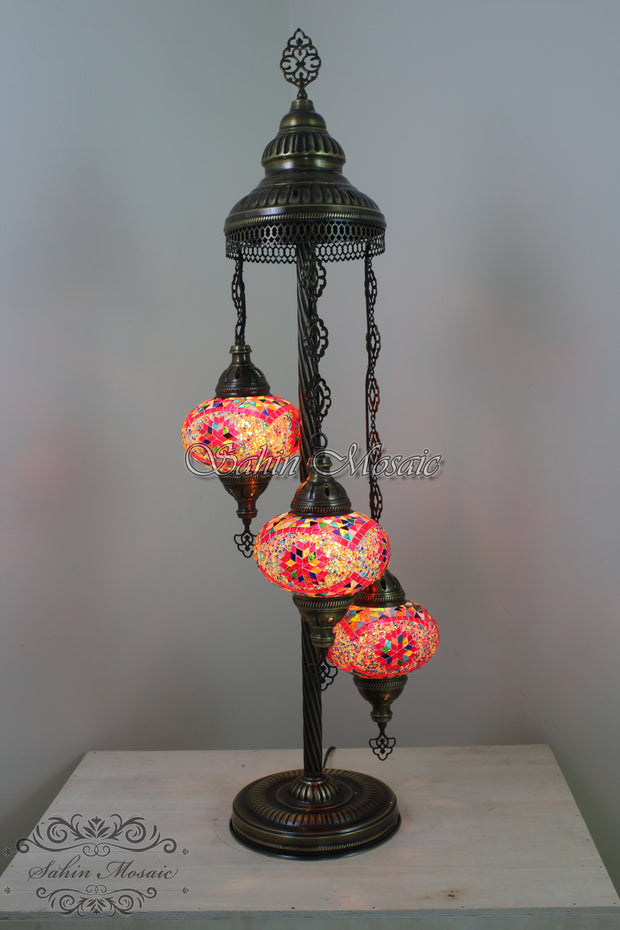 3 BALL TURKISH MOSAIC FLOOR LAMP WITH LARGE GLOBES, LAMBADER - TurkishLights.NET