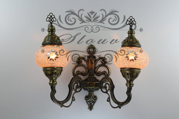 Turkish Mosaic Double Wall Sconce, With Medium Globes, Upward - TurkishLights.NET