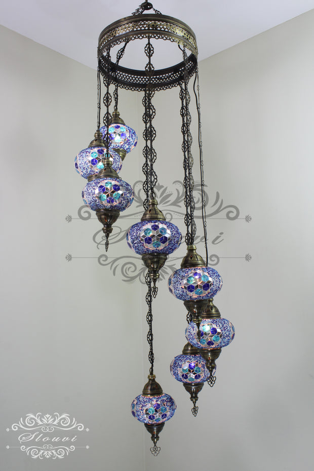 TURKISH MOSAIC LAMP, Water Drop Style CHANDELIER IN 8 LARGE GLOBES - TurkishLights.NET