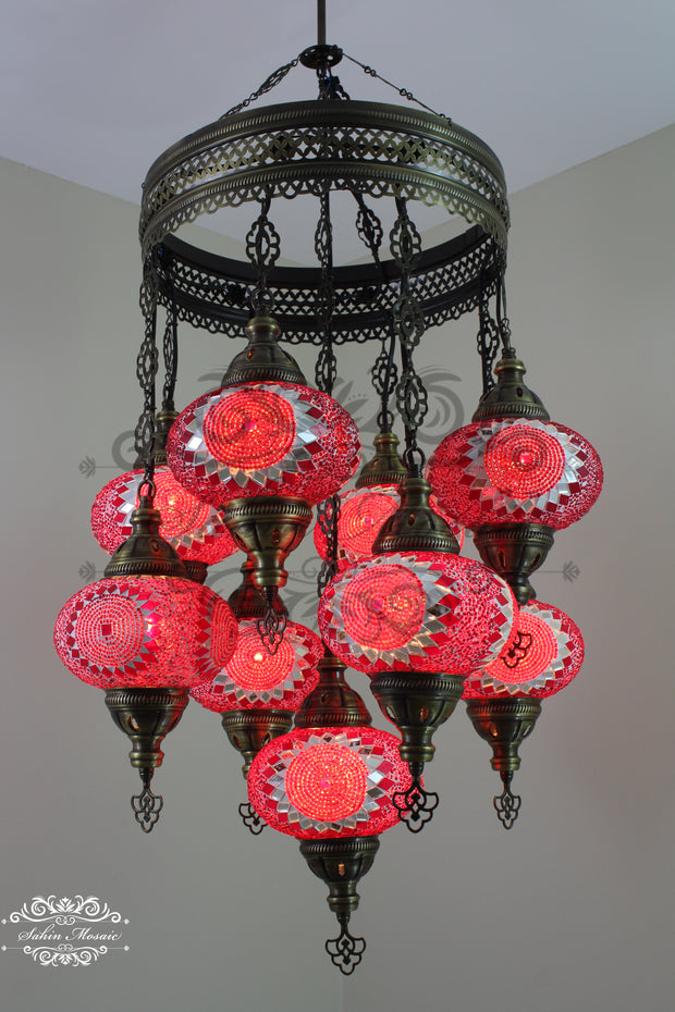 9-BALL TURKISH SULTAN MOSAIC CHANDELIER WITH NO3 (LARGE) GLOBES - TurkishLights.NET