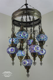 9-BALL TURKISH SULTAN MOSAIC CHANDELIER WITH NO2 (MEDIUM) GLOBES - TurkishLights.NET