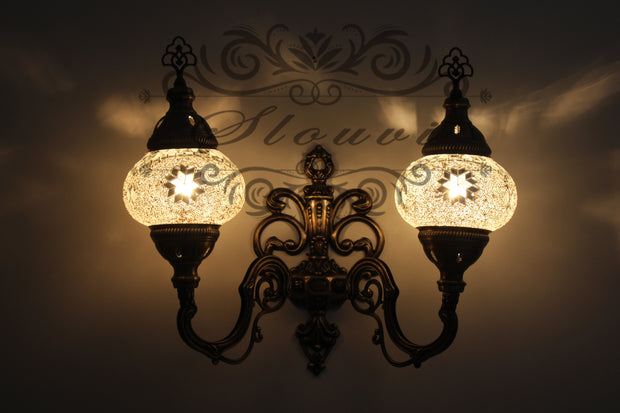 Turkish Mosaic Double Wall Sconce, With Medium Globes, Upward - TurkishLights.NET