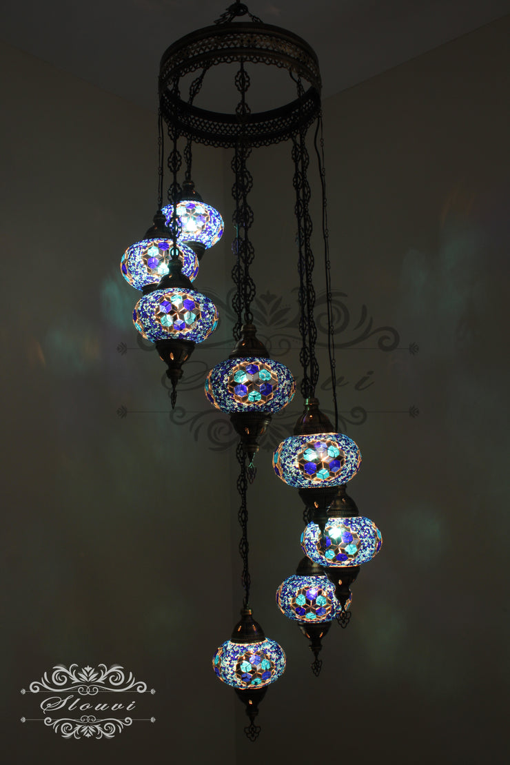 TURKISH MOSAIC LAMP, Water Drop Style CHANDELIER IN 8 LARGE GLOBES - TurkishLights.NET