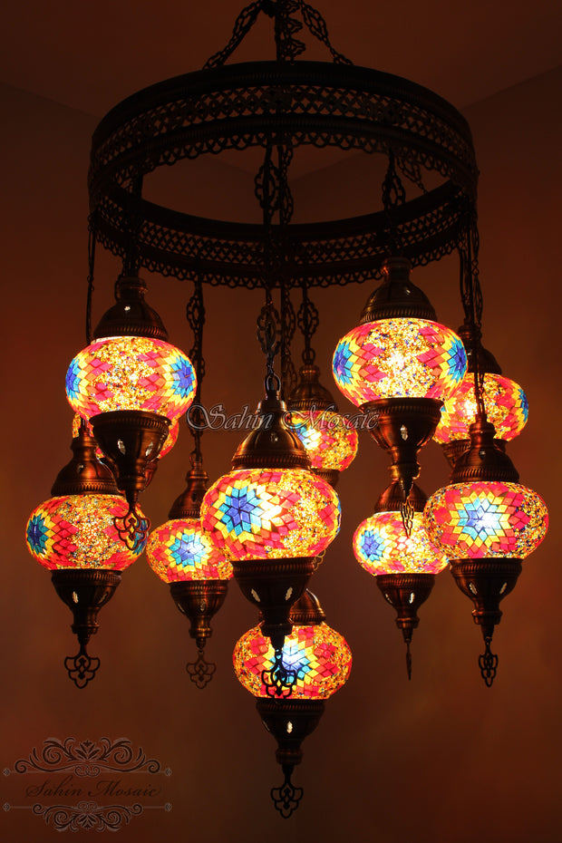 11-BALL TURKISH SULTAN MOSAIC CHANDELIER - TurkishLights.NET