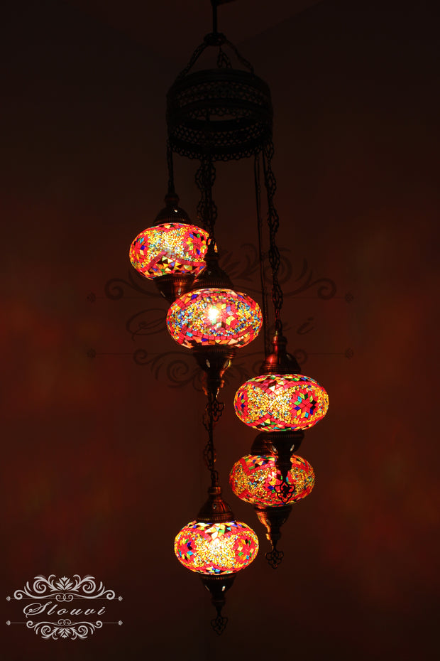 5 BALL TURKISH MOSAIC CHANDELIER, WITH LARGE GLOBES - TurkishLights.NET