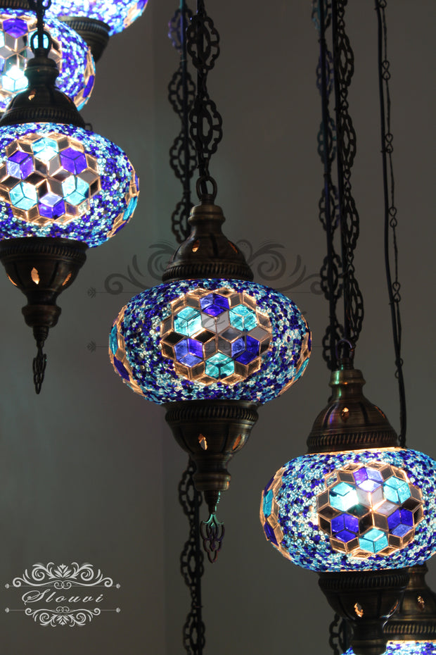 TURKISH MOSAIC LAMP, Water Drop Style CHANDELIER IN 8 LARGE GLOBES - TurkishLights.NET