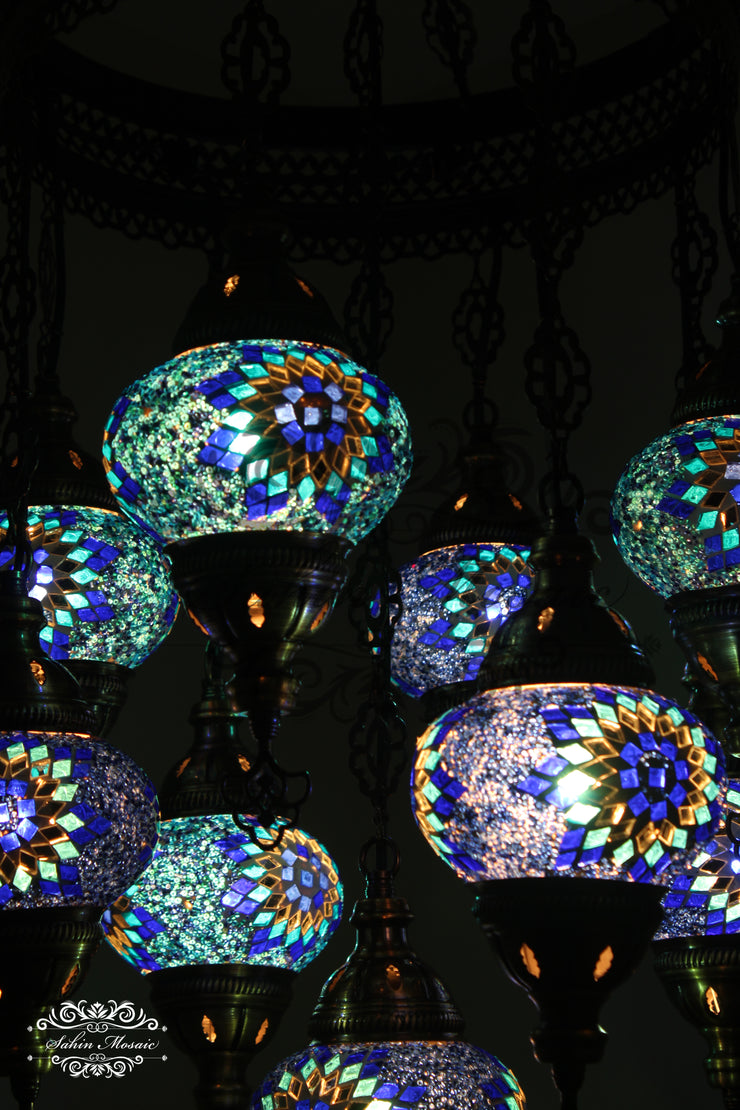 9-BALL TURKISH SULTAN MOSAIC CHANDELIER WITH NO2 (MEDIUM) GLOBES - TurkishLights.NET