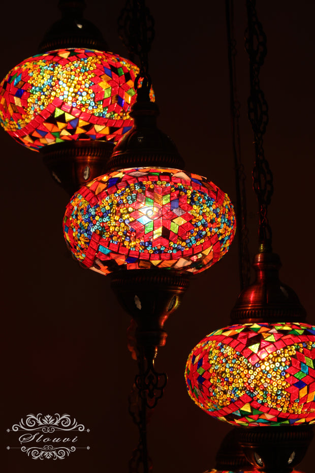 5 BALL TURKISH MOSAIC CHANDELIER, WITH LARGE GLOBES - TurkishLights.NET