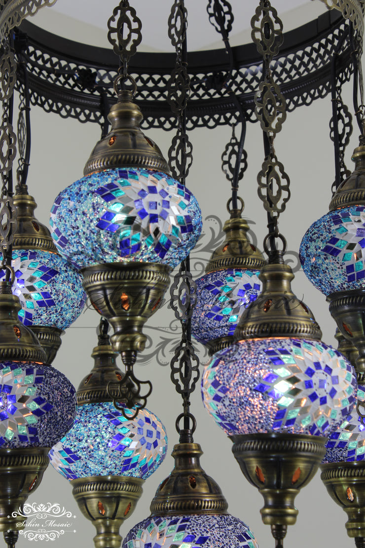 9-BALL TURKISH SULTAN MOSAIC CHANDELIER WITH NO2 (MEDIUM) GLOBES - TurkishLights.NET