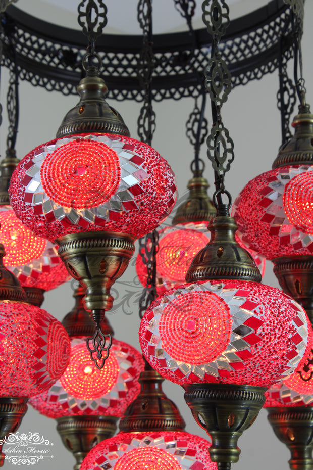 9-BALL TURKISH SULTAN MOSAIC CHANDELIER WITH NO3 (LARGE) GLOBES - TurkishLights.NET