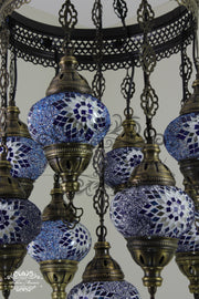 9-BALL TURKISH SULTAN MOSAIC CHANDELIER WITH NO2 (MEDIUM) GLOBES - TurkishLights.NET