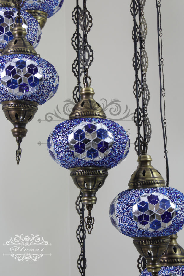 TURKISH MOSAIC LAMP, Water Drop Style CHANDELIER IN 8 LARGE GLOBES - TurkishLights.NET