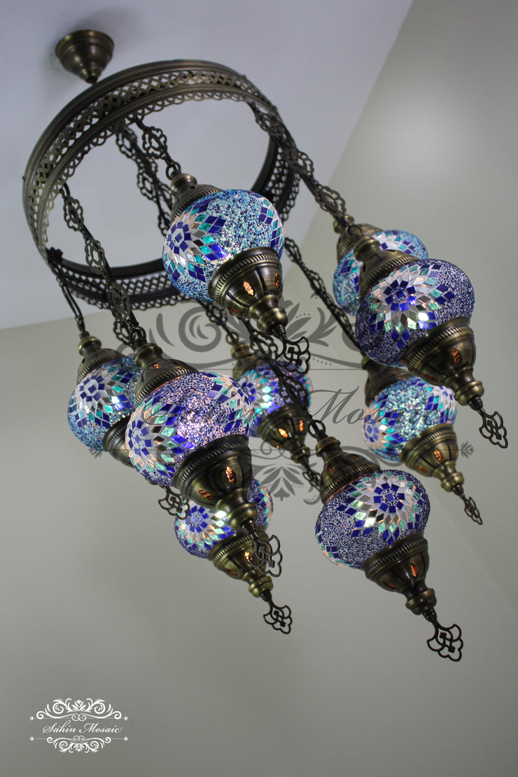 9-BALL TURKISH SULTAN MOSAIC CHANDELIER WITH NO2 (MEDIUM) GLOBES - TurkishLights.NET