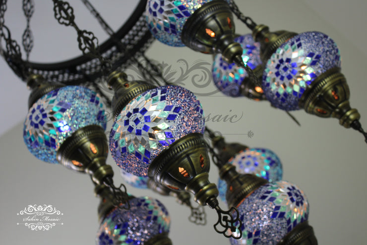 9-BALL TURKISH SULTAN MOSAIC CHANDELIER WITH NO2 (MEDIUM) GLOBES - TurkishLights.NET