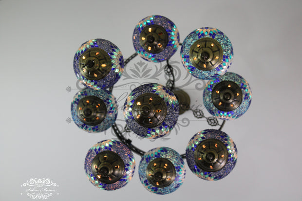 9-BALL TURKISH SULTAN MOSAIC CHANDELIER WITH NO2 (MEDIUM) GLOBES - TurkishLights.NET