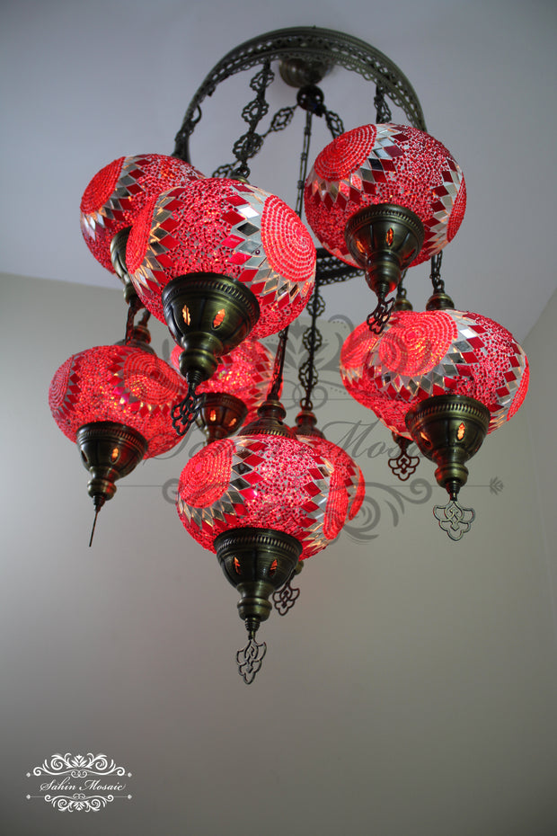 9-BALL TURKISH SULTAN MOSAIC CHANDELIER WITH NO3 (LARGE) GLOBES - TurkishLights.NET