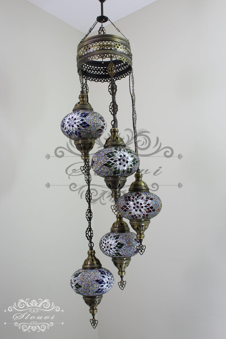 5 BALL TURKISH MOSAIC CHANDELIER, WITH LARGE GLOBES - TurkishLights.NET