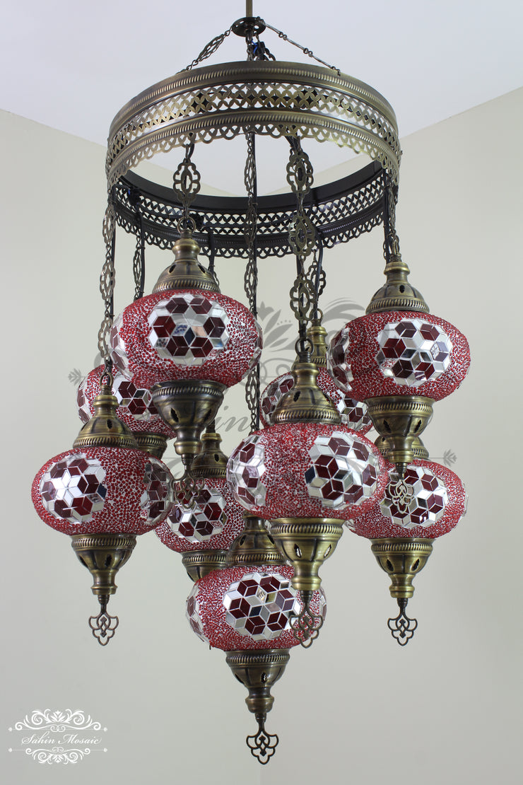 9-BALL TURKISH SULTAN MOSAIC CHANDELIER WITH NO3 (LARGE) GLOBES - TurkishLights.NET