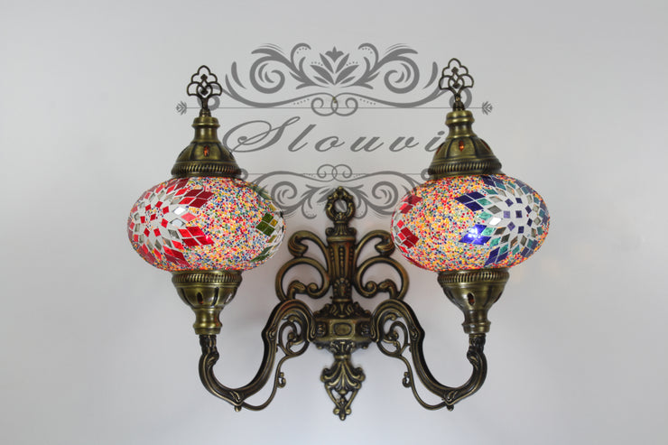 Turkish Mosaic Double Wall Sconce, With Large Globes, Upward - TurkishLights.NET