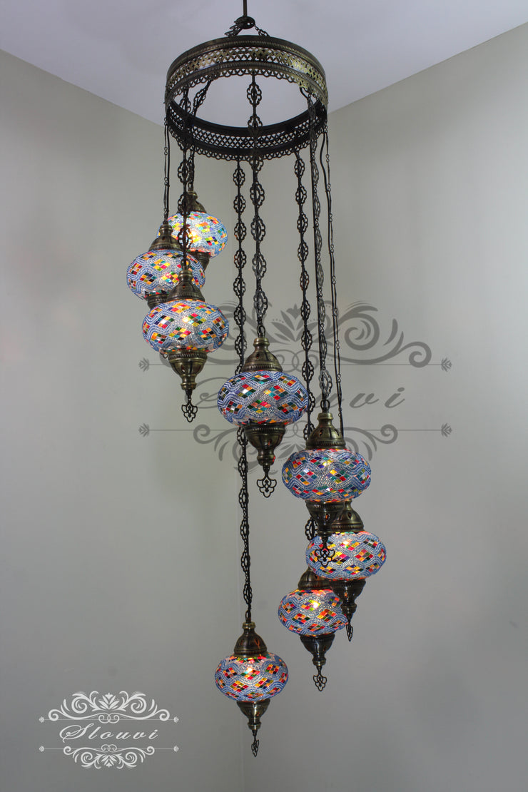 TURKISH MOSAIC LAMP, Water Drop Style CHANDELIER IN 8 LARGE GLOBES - TurkishLights.NET