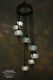 TURKISH MOSAIC LAMP, Water Drop Style CHANDELIER IN 8 LARGE GLOBES - TurkishLights.NET