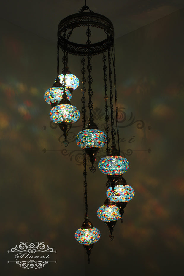 TURKISH MOSAIC LAMP, Water Drop Style CHANDELIER IN 8 LARGE GLOBES - TurkishLights.NET