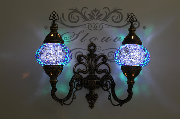 Turkish Mosaic Double Wall Sconce, With Medium Globes, Upward - TurkishLights.NET