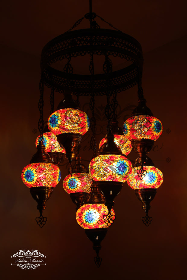 9-BALL TURKISH SULTAN MOSAIC CHANDELIER WITH NO2 (MEDIUM) GLOBES - TurkishLights.NET