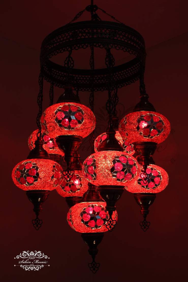 9-BALL TURKISH SULTAN MOSAIC CHANDELIER WITH NO3 (LARGE) GLOBES - TurkishLights.NET