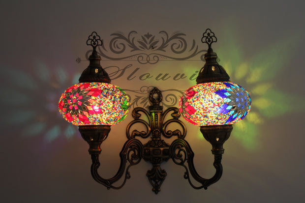 Turkish Mosaic Double Wall Sconce, With Large Globes, Upward - TurkishLights.NET