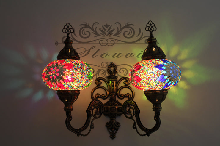 Turkish Mosaic Double Wall Sconce, With Large Globes, Upward - TurkishLights.NET