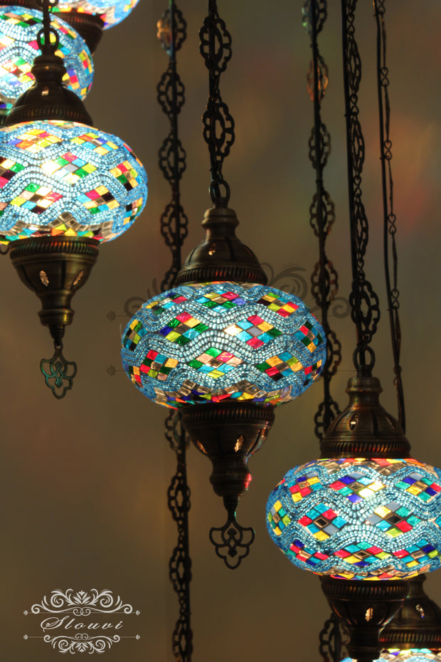 TURKISH MOSAIC LAMP, Water Drop Style CHANDELIER IN 8 LARGE GLOBES - TurkishLights.NET