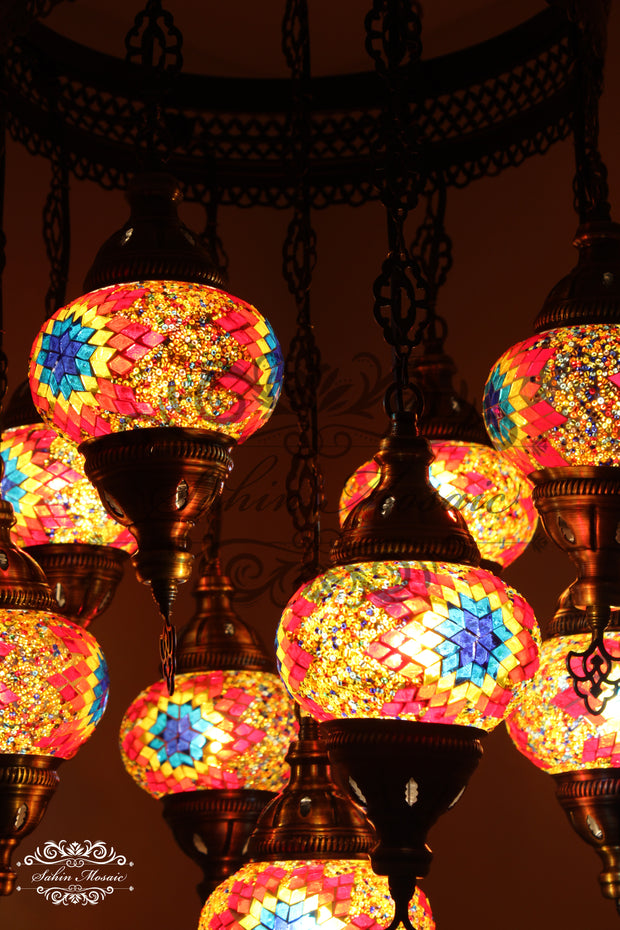 9-BALL TURKISH SULTAN MOSAIC CHANDELIER WITH NO2 (MEDIUM) GLOBES - TurkishLights.NET