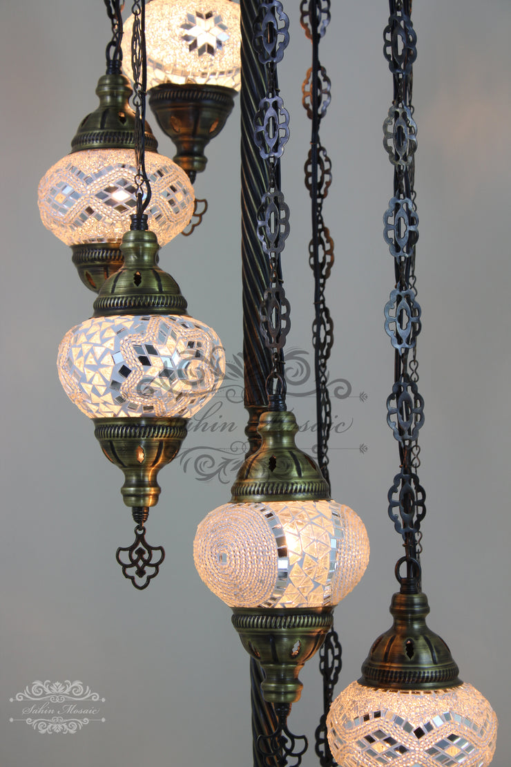 7 BALL TURKISH MOSAIC FLOOR LAMP, LAMBADER, MEDIUM GLOBES - TurkishLights.NET