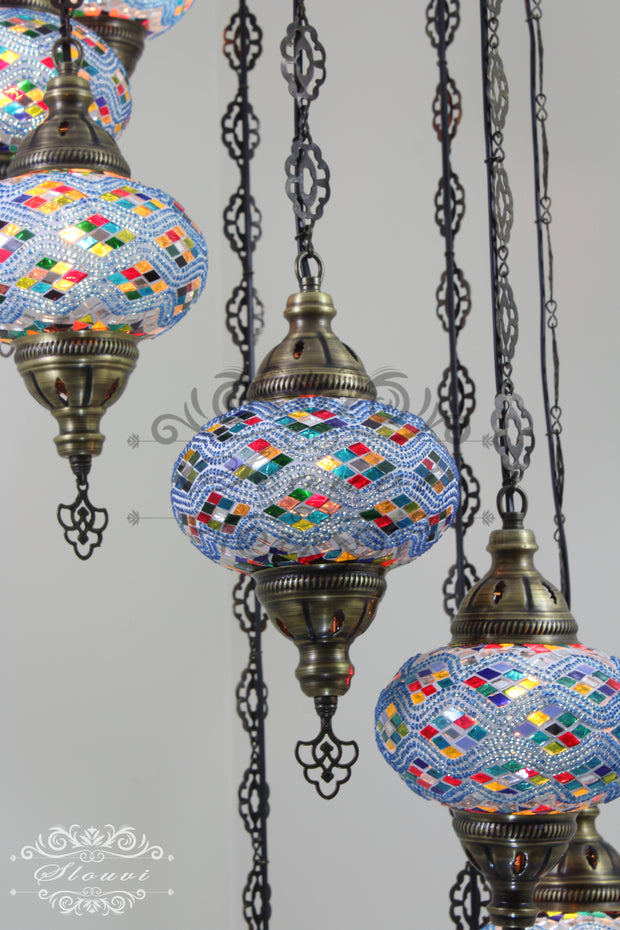 TURKISH MOSAIC LAMP, Water Drop Style CHANDELIER IN 8 LARGE GLOBES - TurkishLights.NET