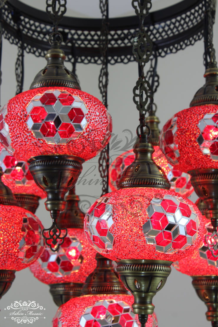 9-BALL TURKISH SULTAN MOSAIC CHANDELIER WITH NO3 (LARGE) GLOBES - TurkishLights.NET