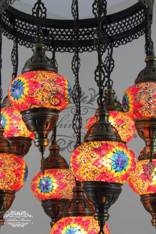 9-BALL TURKISH SULTAN MOSAIC CHANDELIER WITH NO2 (MEDIUM) GLOBES - TurkishLights.NET