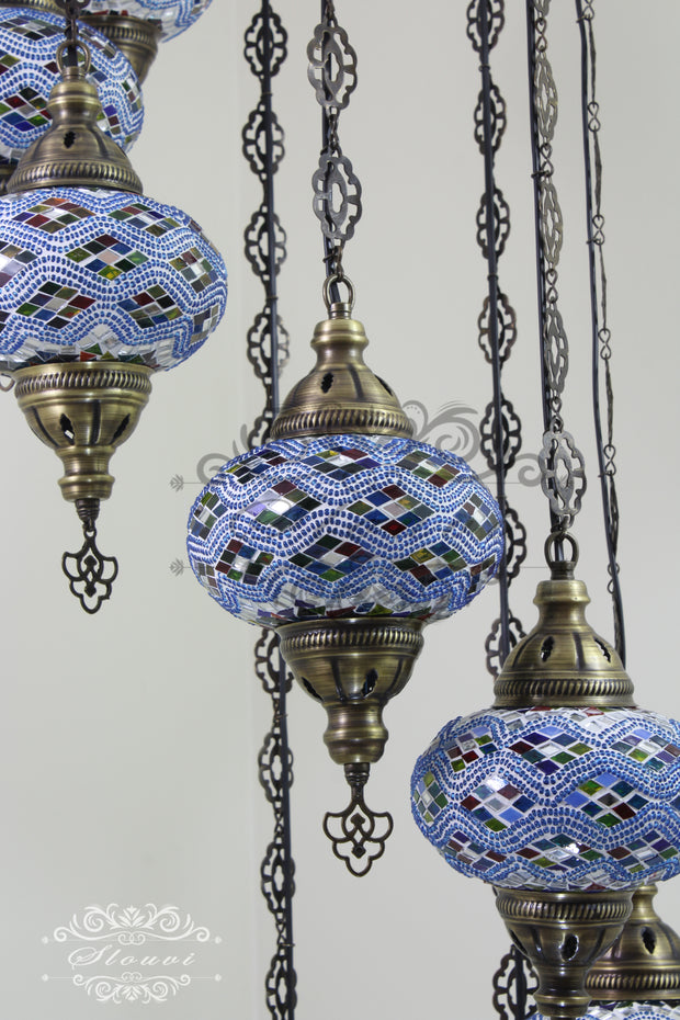 TURKISH MOSAIC LAMP, Water Drop Style CHANDELIER IN 8 LARGE GLOBES - TurkishLights.NET