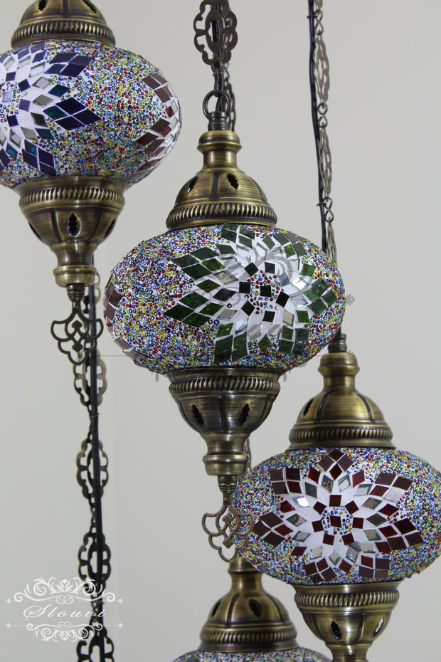 5 BALL TURKISH MOSAIC CHANDELIER, WITH LARGE GLOBES - TurkishLights.NET