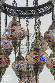 9-BALL TURKISH SULTAN MOSAIC CHANDELIER WITH NO2 (MEDIUM) GLOBES - TurkishLights.NET