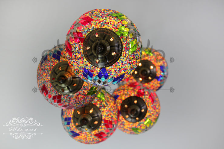 5 BALL TURKISH MOSAIC CHANDELIER, WITH LARGE GLOBES - TurkishLights.NET