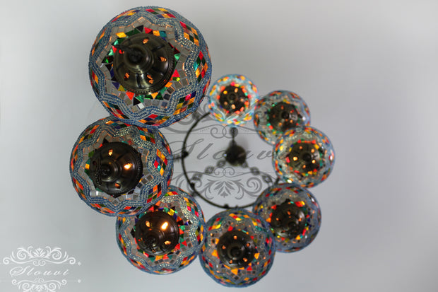 TURKISH MOSAIC LAMP, Water Drop Style CHANDELIER IN 8 LARGE GLOBES - TurkishLights.NET