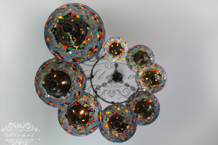 TURKISH MOSAIC LAMP, Water Drop Style CHANDELIER IN 8 LARGE GLOBES - TurkishLights.NET