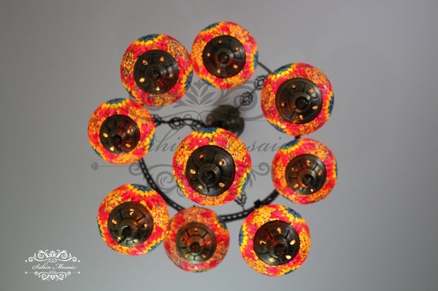 9-BALL TURKISH SULTAN MOSAIC CHANDELIER WITH NO2 (MEDIUM) GLOBES - TurkishLights.NET